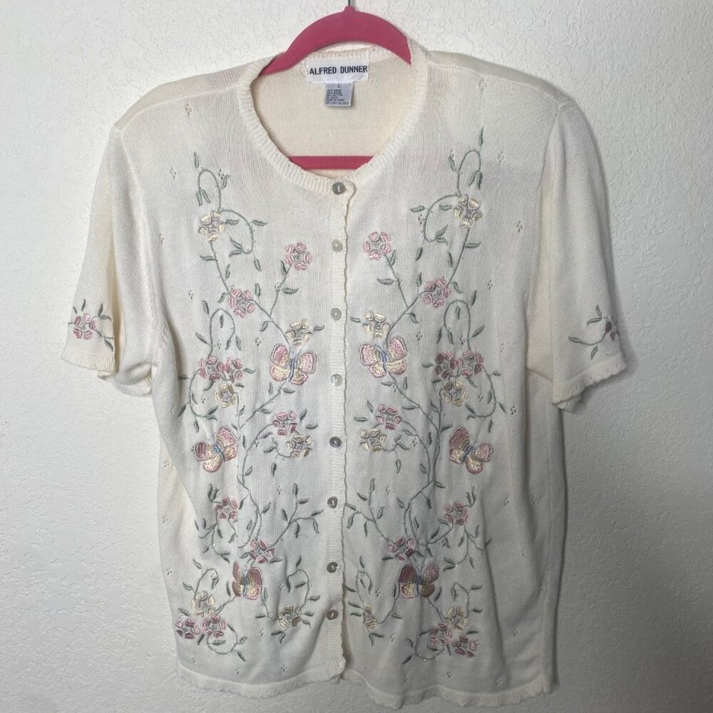 Alfred Dunner Cardigan Sweater Womens Size L Floral Embroidered Cottage Spring‎